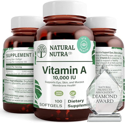 Natural Nutra Vitamin A 10,000 IU, Dietary Supplement from Cod Liver Oil, Extra Strength for Eye, Skin, Nails Health with Omega 3, 100 Gluten Free Softgels (3 Pack)