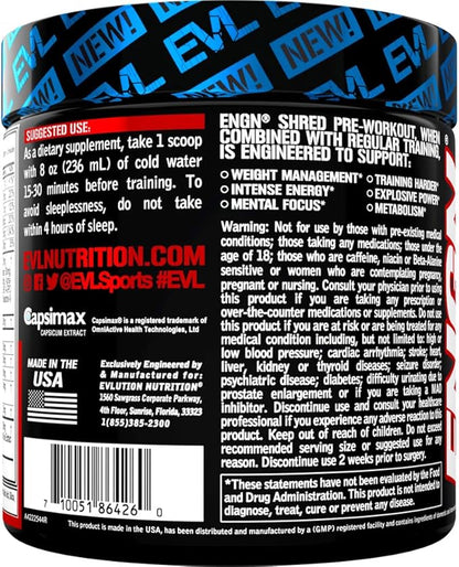 EVL Ultimate Pre Workout Powder - Thermogenic Fat Burner Preworkout Powder Drink for Lasting Energy Focus and Stamina - ENGN Shred Intense Fat Burning Creatine Free Preworkout Drink - Cherry Limeade