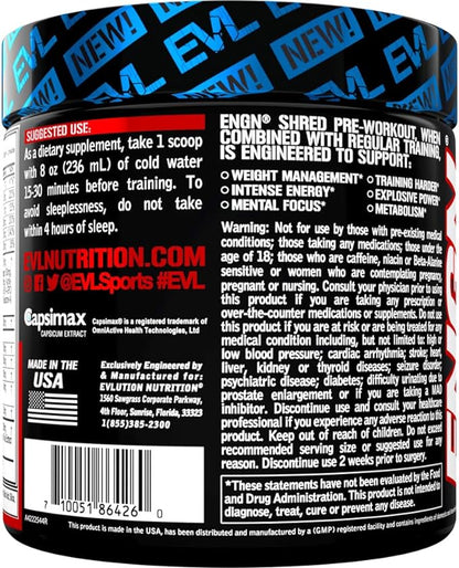 EVL Ultimate Pre Workout Powder - Thermogenic Fat Burner Preworkout Powder Drink for Lasting Energy Focus and Stamina - ENGN Shred Intense Fat Burning Creatine Free Preworkout Drink - Cherry Limeade