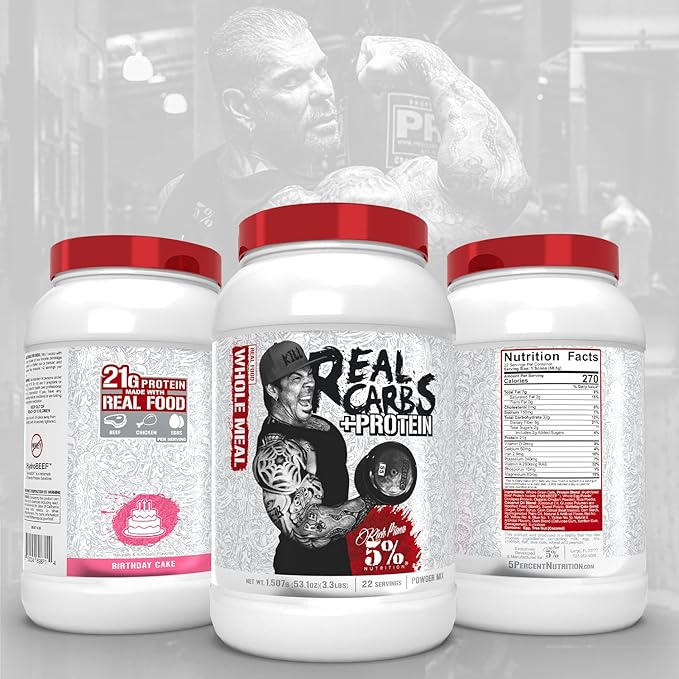 5% Nutrition Rich Piana Real Carbs + Protein | Clean Mass Gainer Protein Powder | Real Food Carbohydrate Fuel for Pre Workout/Post-Workout Recovery Meal | 3 lb, 20 Srvgs (Birthday Cake + Protein)