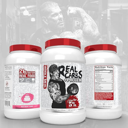 5% Nutrition Rich Piana Real Carbs + Protein | Clean Mass Gainer Protein Powder | Real Food Carbohydrate Fuel for Pre Workout/Post-Workout Recovery Meal | 3 lb, 20 Srvgs (Birthday Cake + Protein)