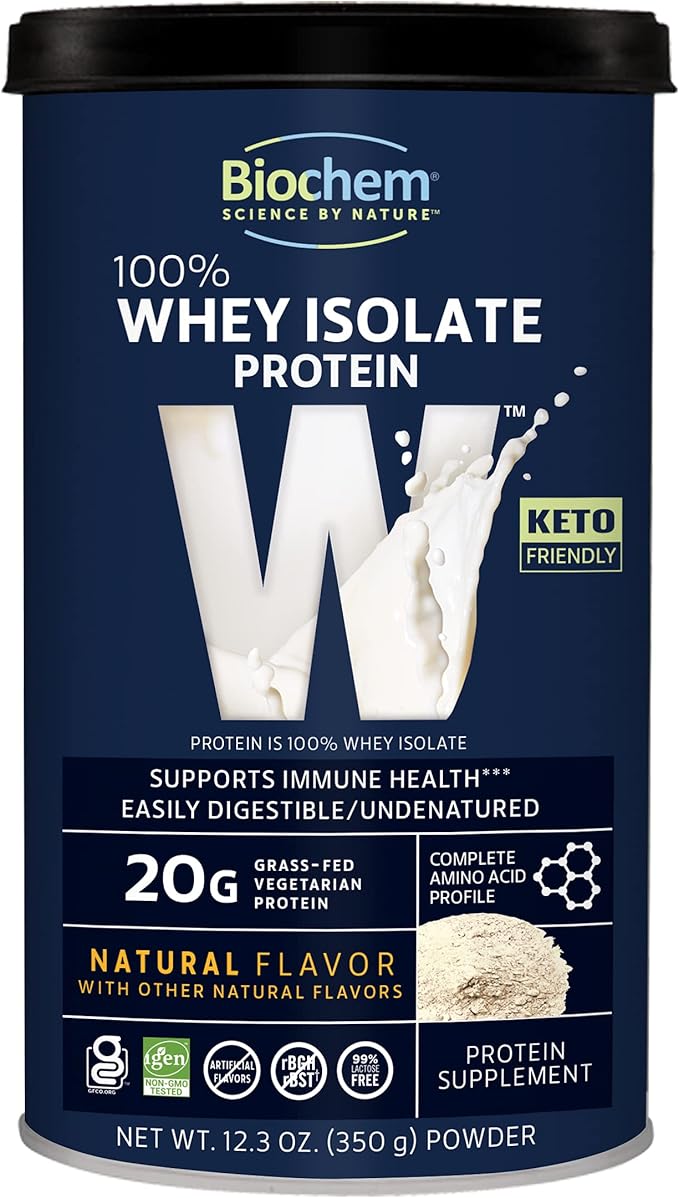 Biochem 100% Whey Isolate Protein - Natural Flavor - 12.3 Ounce, Preworkout & Immune Health - 20g Vegetarian Protein - Easily Digestible - Refreshing Taste - Keto Friendly & Easy to Mix…