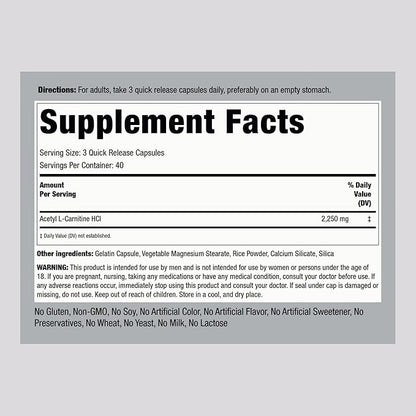 Piping Rock Acetyl L-Carnitine HCL | 2250mg | 120 Capsules | Therapeutic Supplement | Non-GMO, Gluten Free