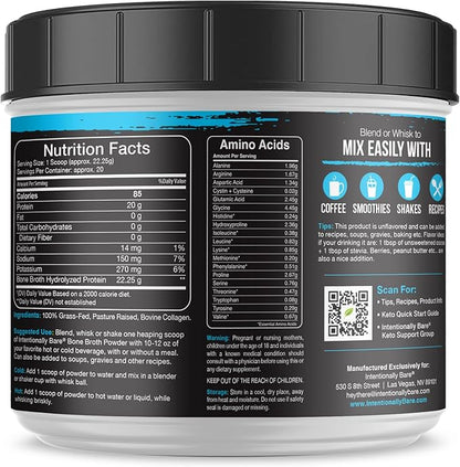 Intentionally Bare Bone Broth Collagen Peptides Powder Unflavored - Dairy Free Collagen Peptide Powder Type 1 & 3 - Pasture Raised & Grass Fed Collagen Protein Powder for Gut & Joints - 20 Servings