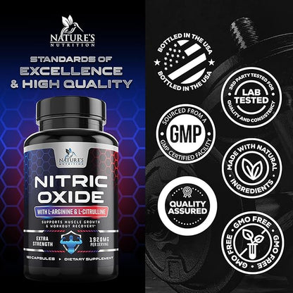 Extra Strength Nitric Oxide Supplement L Arginine 3X Strength - Citrulline Malate, AAKG, Beta Alanine - Premium Muscle Supporting Nitric Oxide Booster for Strength & Energy Supplements - 180 Capsules