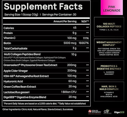 Super Collagen Burn Powder for Women w. Hyaluronic Acid, KSM66, Apple C Vinegar, Probiotics, Biotin - Premium Multi Collagen Peptides Protein for Weight Loss + Beauty Hair Skin Nails (Pink Lemonade)