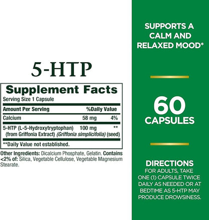 Nature's Bounty 5-HTP Pills and Dietary Supplement, Supports a Calm and Relaxed Mood, 100mg, 60 Capsules