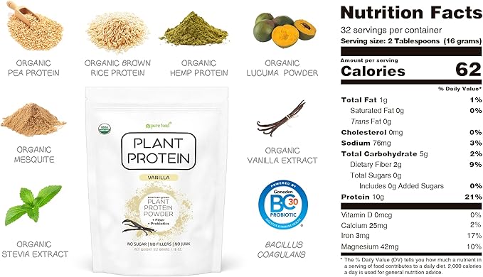 Plant Based Protein Powder with Probiotics | Organic, Clean, All Natural, Vegan, Vegetarian, Whole Superfood Nutritional Supplement with No Additives | Keto (Vanilla)