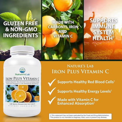 Nature's Lab Iron Plus Vitamin C Fast Melt Tablets - Gentle on the Stomach Carbonyl Iron, High Absorption for Healthy Red Blood Cells* - 120 Tablets
