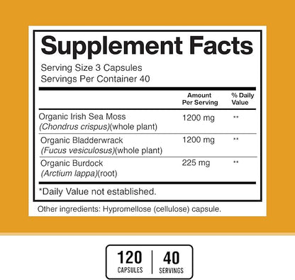 American Standard Supplements Organic Sea Moss, Bladderwrack & Burdock Root Capsules - 1200mg Sea Moss, 1200mg Bladderwrack, 225mg Burdock Root Per Serving - 120 Capsules, 40 Servings