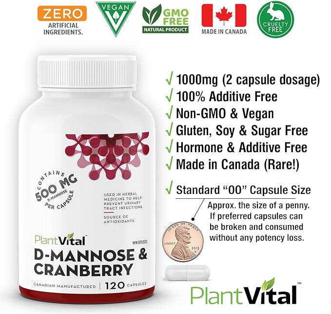 Plantvital D Mannose Capsules with Cranberry - D-mannose 1000mg Capsules - High Potency for Bladder, Kidney and Urinary Tract Support. Cranberry Powder with Hibiscus and Dandelion.4 Months Supply