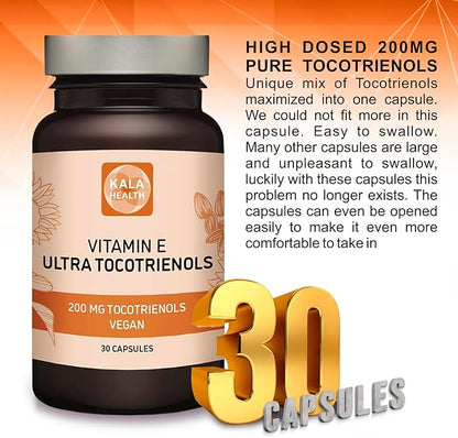 KALA HEALTH Ultra Tocotrienol 200mg Vitamin E Vegan – All 4 tocotrienols - Tocopherol Free - Supports Immune Health & Antioxidant Health Tocotrienols Supplement