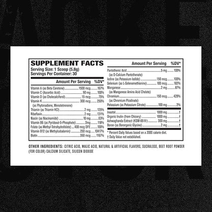 Jacked Factory Vita XT Performance Vitamin Powder - Daily Multivitamin Powder for Men with KSM-66 Ashwagandha, Prebiotic Fiber, Vitamin A, C, D, K, B6, B12, & More - Strawberry Lemonade, 30Sv