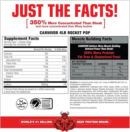 MuscleMeds CARNIVOR Beef Protein Isolate Powder, Muscle Building, Recovery, Lactose Free, Sugar Free, Fat, Free, 23g Protein, Rocket Pop, 56 Servings