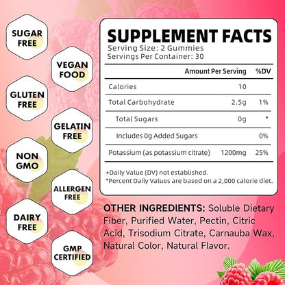 Potassium Citrate Gummies, High Potassium Supplement Gummies 1200mg Support Leg Cramps & Muscle Health, Potassium Gummies for Adults & Kids, Vegan, Raspberry Flavor 120 Count