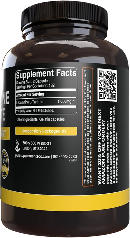 Pure Original Ingredients L-Carnitine Tartrate (365 Capsules) No Magnesium Or Rice Fillers, Always Pure, Lab Verified