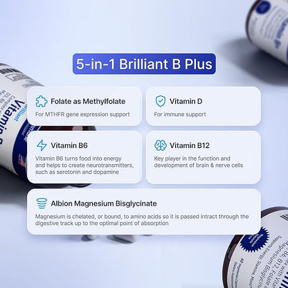 Vitamin B Complex - 60 Capsules with Vitamins B6 20mg D3 1000IU Magnesium Bisglycinate 260mg Methyl B12 1000mcg and Folate as Methylfolate 600mcg DFE. Doctor Formulated MTHFR Support Supplement.
