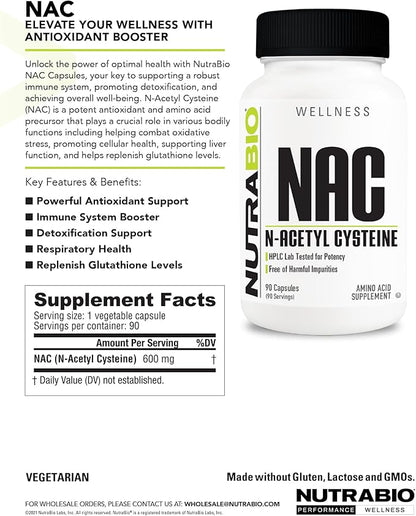 NutraBio N-Acetyl Cysteine Supplement (NAC) - 90 Capsules, 600mg Each - Powerful Anti-Oxidant - Immune Support - Boost Glutathione