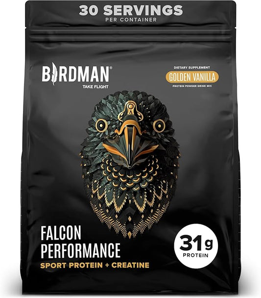 BIRDMAN Falcon Performance Vegan Protein Powder, 31g Protein, 5g Creatine, 5g BCAA, Probiotics, Electrolytes, Pre Workout, Low Carb, Sugar Free & Dairy Free, Plant Based Vanilla Protein, 30 Servings