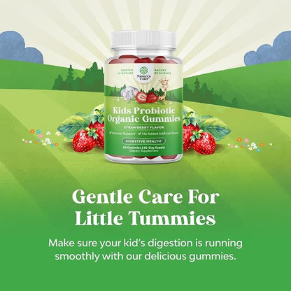 USDA Organic Probiotic Gummies for Kids - Vegan Non-GMO Kids Probiotic Gummy Vitamin for Immunity and Digestive Health - Gentle 2.5B CFU Organic Probiotics for Kids - Strawberry Flavor (2 Months)