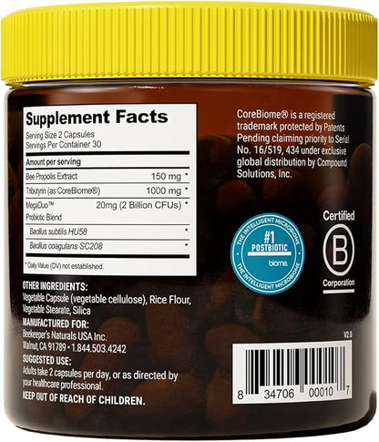 Beekeeper's Naturals Complete Gut Health, 3-in-1 Prebiotic, Postbiotic, Probiotics for Digestive Health & Bloating Relief for Women & Men, Propolis Powered, Gluten-Free Vegan Capsules, 60ct