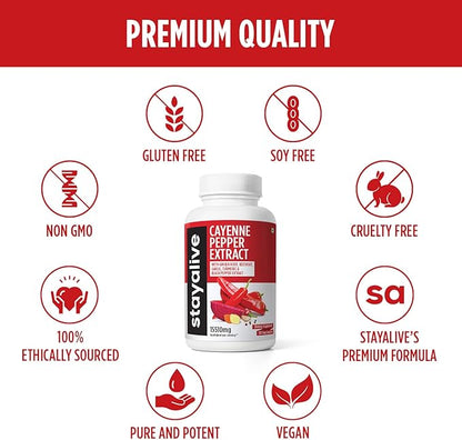 Stay Alive Cayenne Pepper 8000mg, Ginger 1500mg, Garlic 1500mg, Turmeric 1500mg, BeetRoot 3000mg, Black Pepper, 120 Cayenne Capsules, Support Cardiovascular & Immune System, Capsaicin Supplement Pills