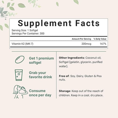 Micro Ingredients Vitamin K2 MK-7 Supplement, 200 mcg Per Serving, 300 Coconut Oil Softgels | Easily Absorbed, Active Menaquinone Form | Immune, Joint, & Heart Support | Non-GMO