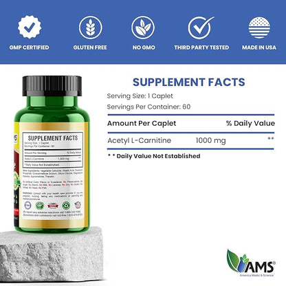 America Medic & Science Acetyl L-Carnitine 1000mg (60 Tablets) | Dietary Supplement for Men and Women | Promotes Energy Production | Supports Brain Health | Helps Improve Memory and Focus