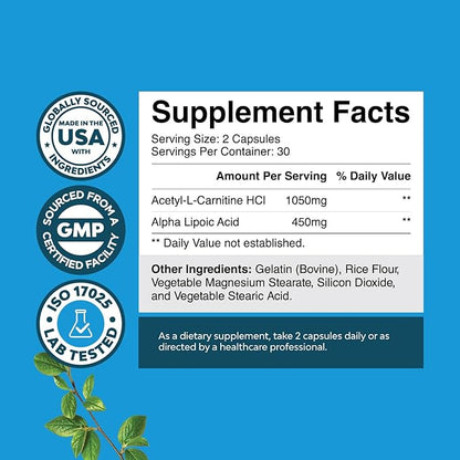 Pure Alpha Lipoic Acid Supplement with Acetyl L-Carnitine - Natural ALA ALC Amino Acids Boost Memory Support Mental Performance and Raise Energy Levels Metabolism - 60 Capsules