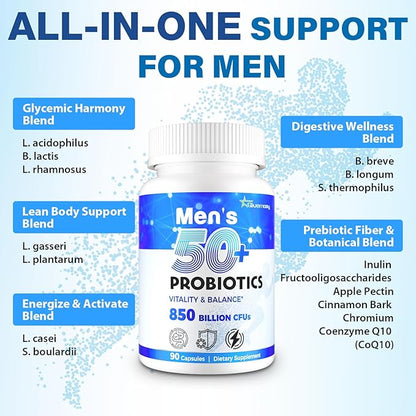 Probiotics for Men, Advanced 50+ Mens Probiotic, Comprehensive Gut & Energy Support with 850 Billion CFU, 1800mg Prebiotics Fiber – Tailored Wellness mens probiotics for gut health over 50, 630Capsule