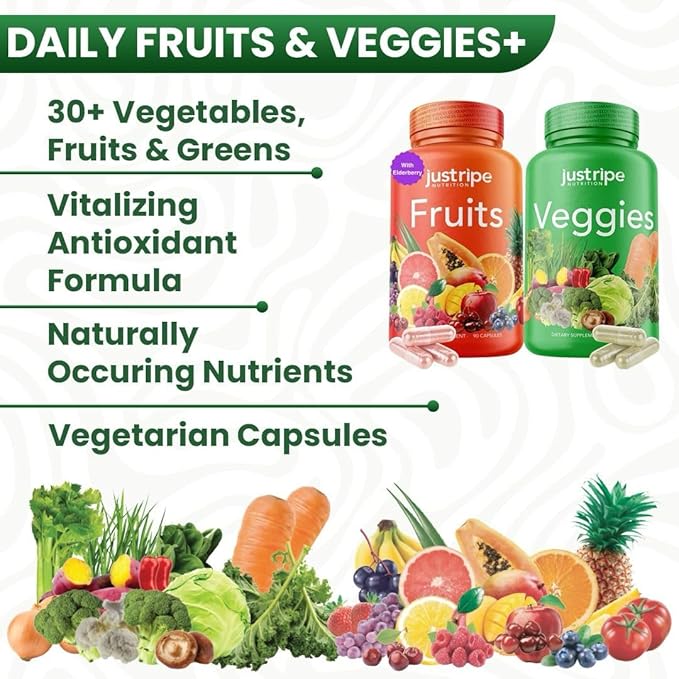 Fruits and Veggies Supplement - 90 Fruit and 90 Veggies Capsules (2 Pack) - 100% Whole Natural Superfood - Filled with Vitamins and Minerals - Supports Energy Levels - Made