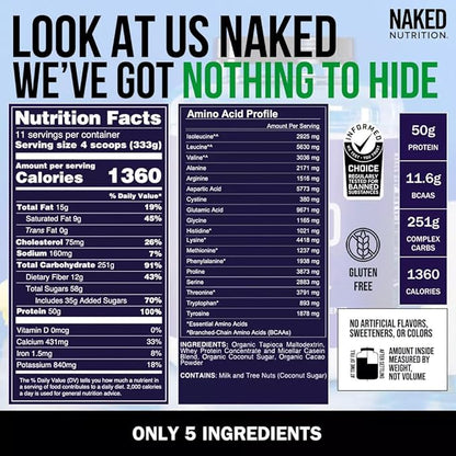 NAKED Chocolate Mass Gainer - All Natural Weight Gainer Protein Powder - 8lb Bulk, GMO Free, Gluten Free & Soy Free. No Artificial Ingredients - 1,360 Calories