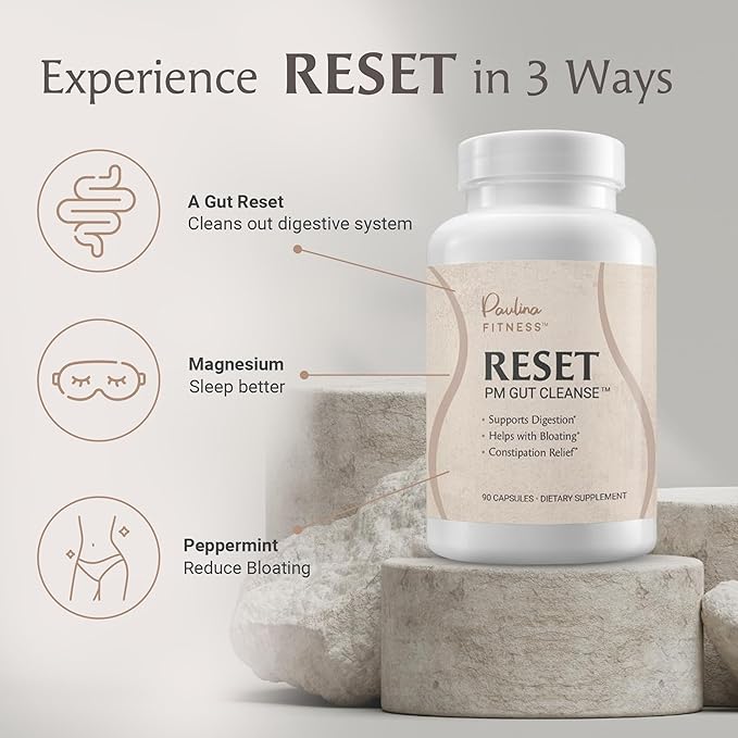Paulina FITNESS Reset Overnight Digestive Aid, Bloating Relief, & Gut Health Supplement | Natural Detox & Digestive Cleanse to Support Weight Management and Relieve Constipation | 90 Capsules
