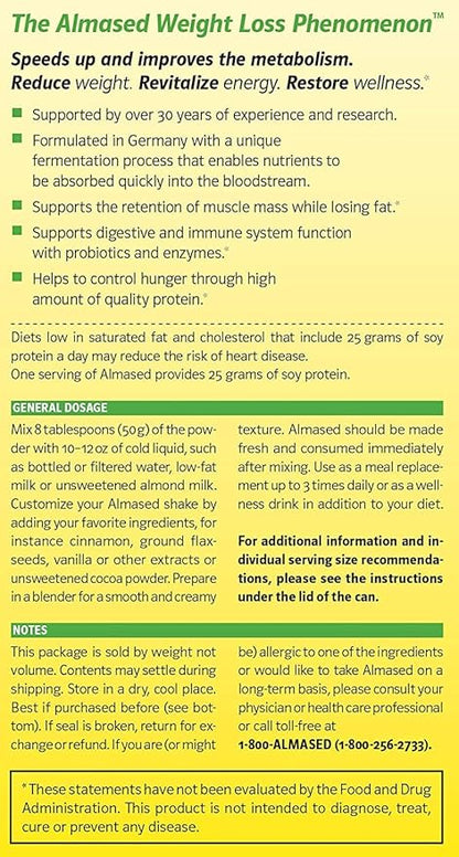 Almased Meal Replacement Shake - Low-Glycemic High Plant Base Protein Powder- Nutritional Weight Health Support Supplement - Original Flavor - 17.6 oz