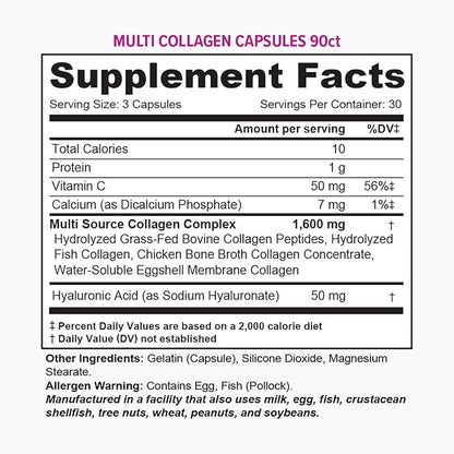 Vitauthority Multi Collagen Pills for Women and Men High Absorption Hydrolyzed Collagen Peptides Capsules for Hair Skin and Nails with Types I II III V X Hyaluronic Acid and Vitamin C - 30 Servings