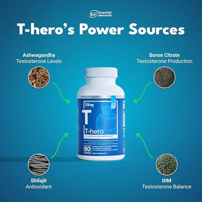 Essential Elements Male Health Supplement - Muscle Support & T-Health with DIM, Ashwagandha, Shilajit, More | T-Hero 60 Vegan Capsules (2-Pack)