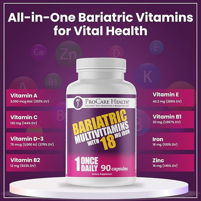 ProCare Health Bariatric Multivitamin with Iron 18mg (03 Month Supply) - Post-Op Bariatric Vitamins for Gastric Bypass Bariatric Surgery Patients, Supports Recovery (90 Easy to Swallow Capsules)