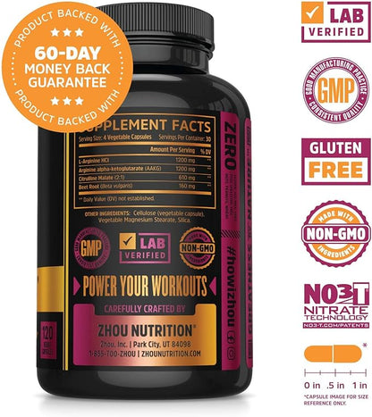 Zhou Nitric Oxide with L Arginine, Citrulline Malate, AAKG and Beet Root | Powerful N.O. Booster and Muscle Builder for Strength, Blood Flow and Endurance | 30 Servings, 120 Veggie Caps