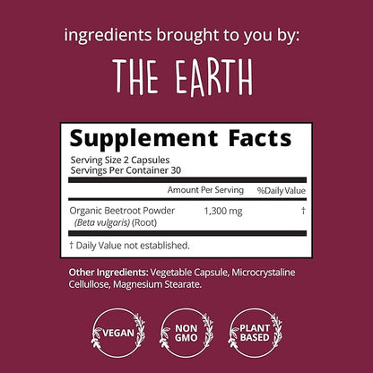 Organic Beet Root Capsules [1,300mg Superfood] - Blood Pressure Support Supplements, Beet Root Powder - Nitric Oxide Supplement, Blood Flow & Blood Circulation | Antioxidant, Brain Food | Vegan, 60 Ct