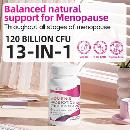 Menopause Supplements for Women, 120 Billion CFUs Probiotics for Women, 13-in-1 Herbs & Botanicals Complex, for Hormone Menopause, Hot Flashes, Night Sweats, Mood Swings, Sleep Disturbances - 60 Caps