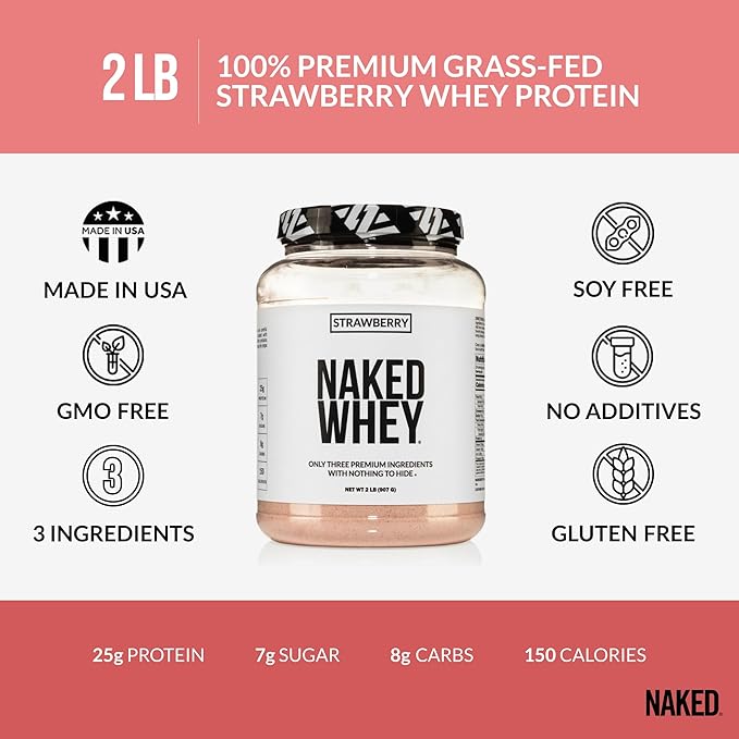 Naked Strawberry Whey Protein Powder, Only 3 Ingredients, 25g Grass Fed Whey Protein Powder, Aid Muscle Growth & Recovery - 24 Servings