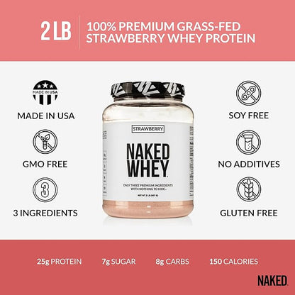 Naked Strawberry Whey Protein Powder, Only 3 Ingredients, 25g Grass Fed Whey Protein Powder, Aid Muscle Growth & Recovery - 24 Servings
