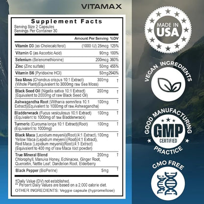Sea Moss 3000mg Maca 1000mg Black Seed Oil 2000mg Ashwagandha 1000mg Bladderwrack, Turmeric - Manuka, Elderberry, Vitamins C & D3, Chlorophyll, Zinc, Black Pepper - Made in USA (60 Count (Pack of 1)