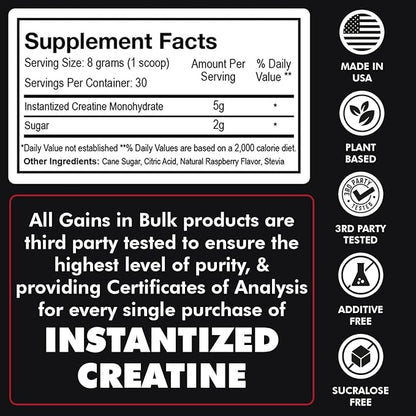 Gains in Bulk Instantized Creatine Monohydrate Powder - Pre Workout Supplement, Support Muscle Endurance, High Energy and Cognitive Function, 100% Soluble, No Bloating (30 Servings, Sour Raspberry)