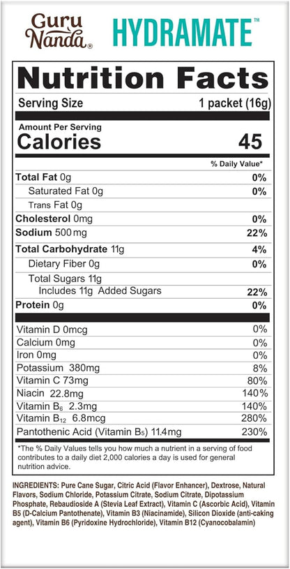 GuruNanda Hydramate Hydration Support Drink Mix - Electrolyte Powder Packets for Dehydration, Exercise & Energy - No Added Sweeteners, Non-GMO, Natural Lemon Lime Flavor - 12 Count (0.56 oz Each)