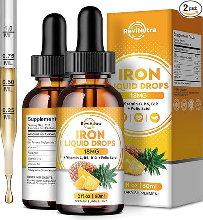 2 Pack Liquid Iron Supplement for Women, Men & Kids, Liquid Iron Drops with Folate, Vitamin C, B6, B12 for Anemia, Red Blood Cell, Energy Support, Pineapple Flavor