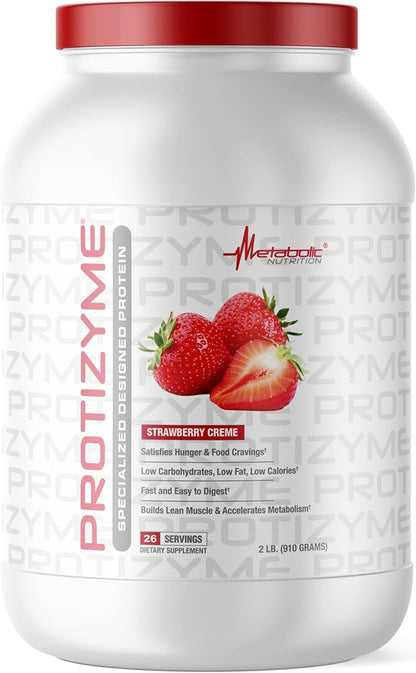 Metabolic Nutrition | Protizyme | 100% Whey Protein Powder | High Protein, Low Carb, Low Fat with Digestive Enzymes, 24 Essential Vitamins and Minerals | Strawberry Creme, 2 Pound
