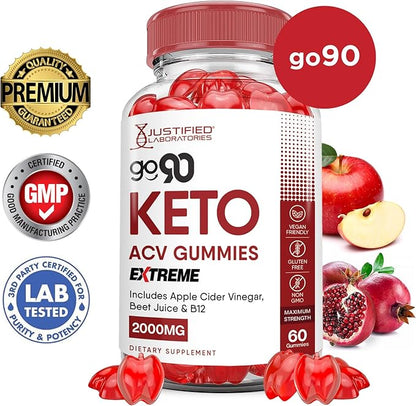 (2 Pack) Go 90 Keto ACV Gummies Extreme 2000MG Go90 Keto Gummies Apple Cider Vinegar Formulated with Pomegranate Beet Juice Powder B12 Vegan Non GMO 120 Gummys