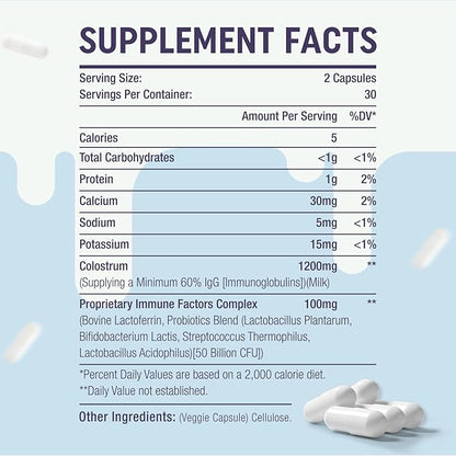 Bovine Colostrum Capsules Supplement 1300mg - Extra High 60% IgG Bovine Colostrum - Gut, Bone, Exercise, Immune - 60 Capsules