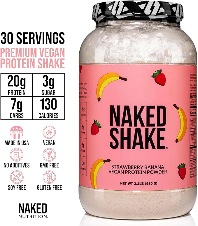 Naked Shake - Vegan Protein Powder, Strawberry Banana - Flavored Plant Based Protein with Mct Oil, Gluten-Free, Soy-Free, No Gmos Or Artificial Sweeteners - 30 Servings
